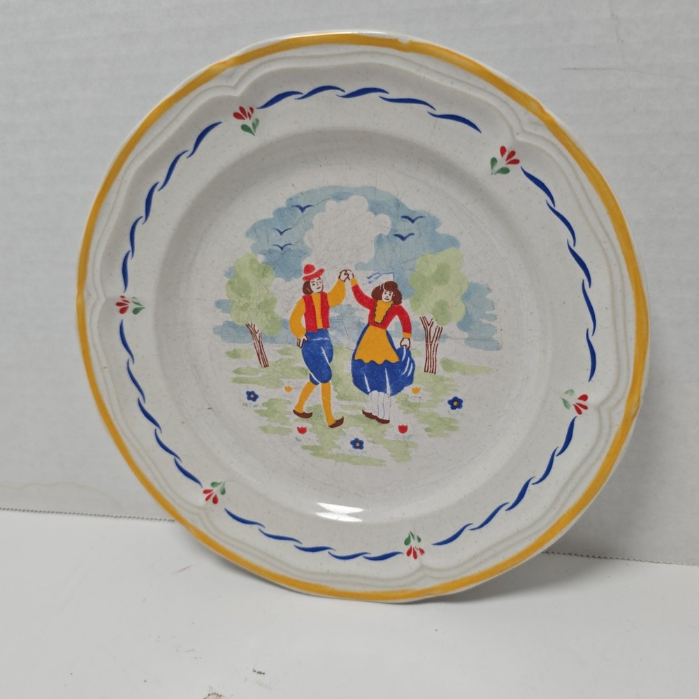 Newcor Stoneware Vintage Folklore 646 Salad Plate Japan Yellow Rim SINGLE Replac